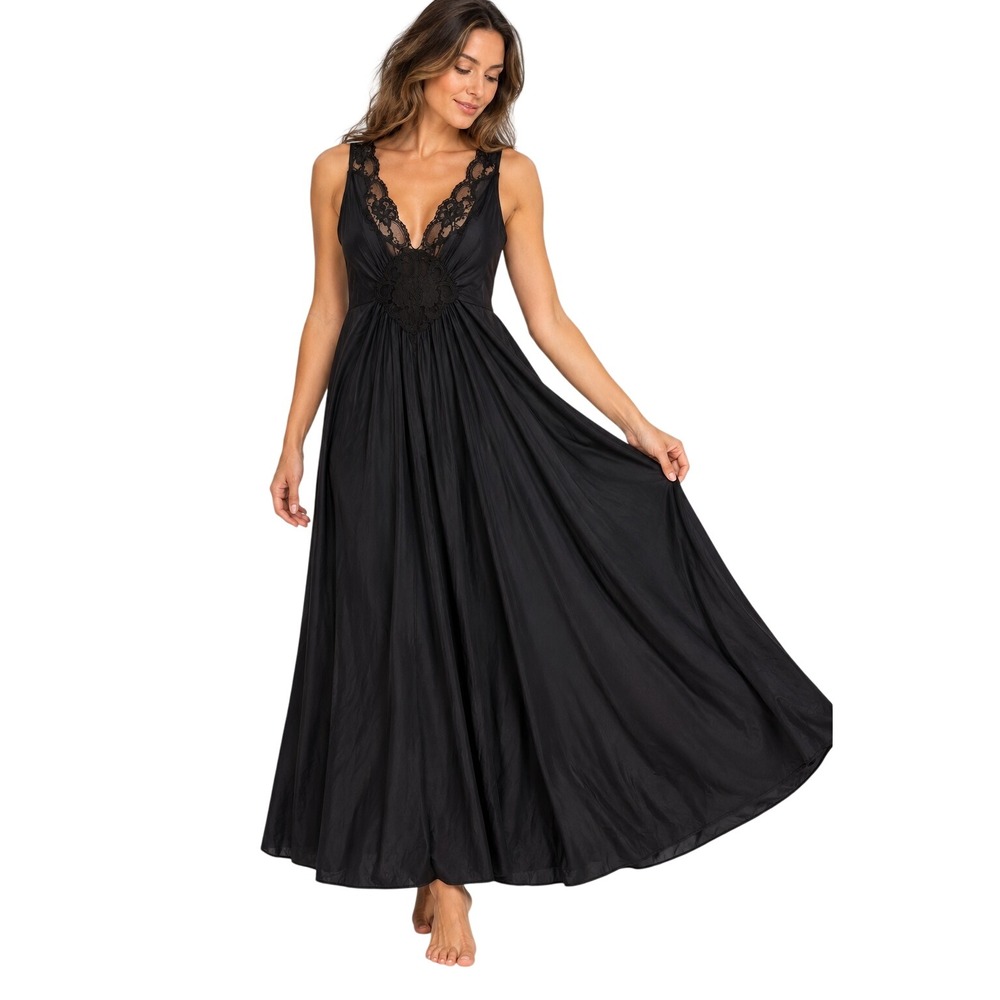 Vintage Adonna Women SP Nightgown Slip Dress Black Lace Trim Full Sweep Maxi USA